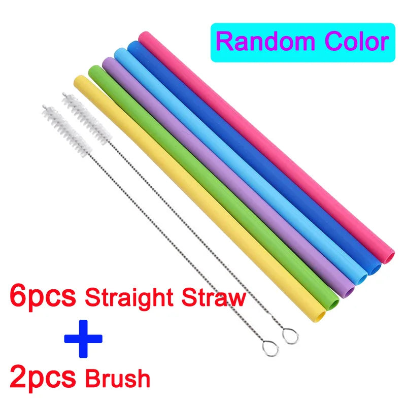 Reusable Food-grade Silicone  Drinking Straws Foldable Flexible Straw with Cleaning Brushes Bar Party Supplies Recyclable
